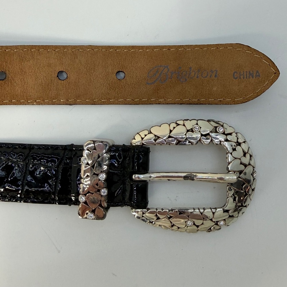 Vintage Brighton Black Patent Croc Leather Heart Buckle Belt Crystal‎ Accents 32